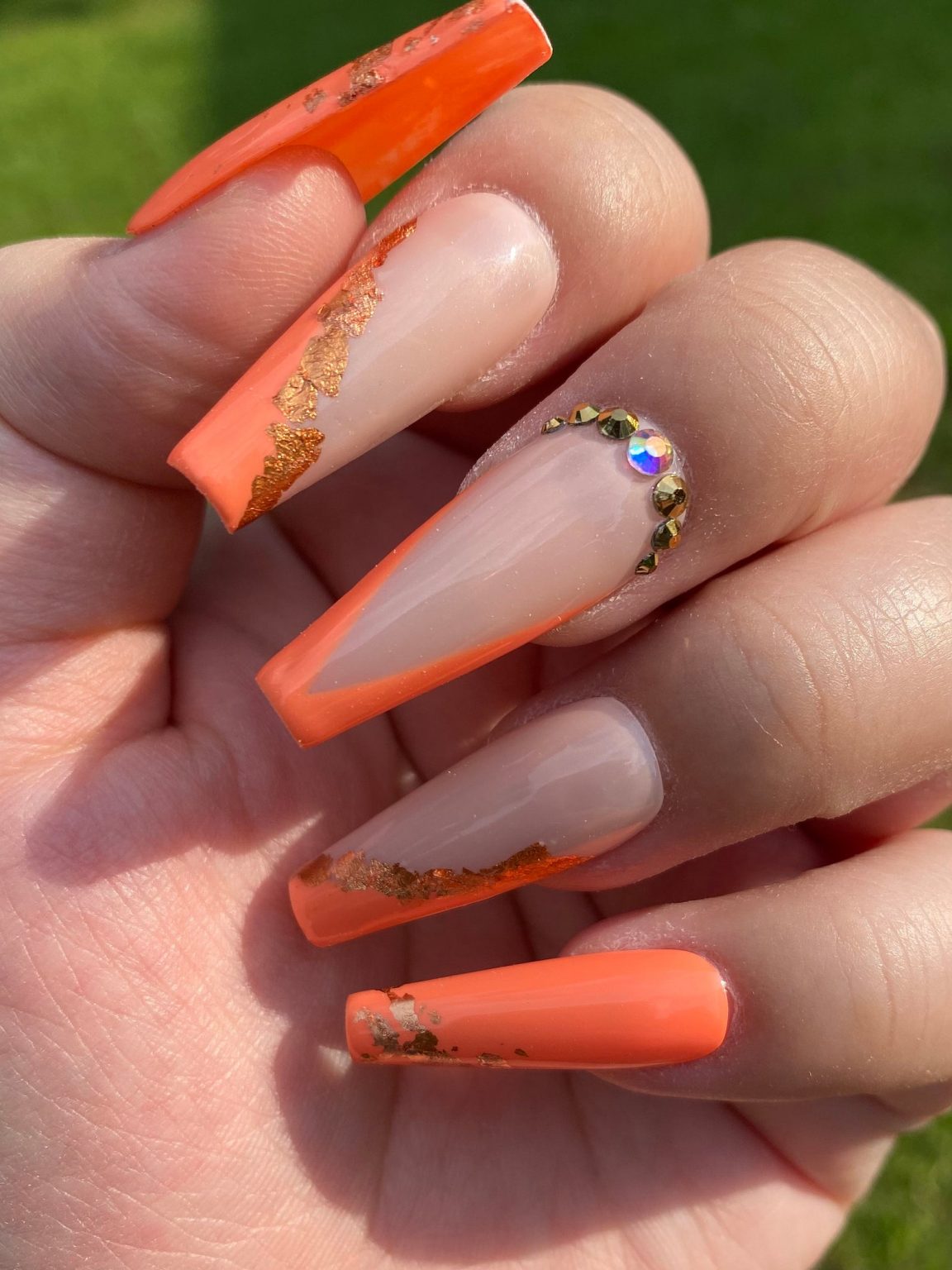 Long coffin nails with orange and gold foil