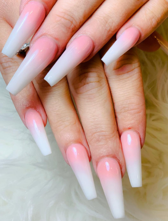 Long coffin pink and white ombre nails, salon elegance