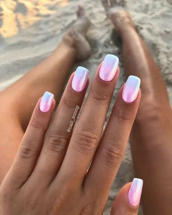Short almond pastel ombre nails on beach, vacation nails