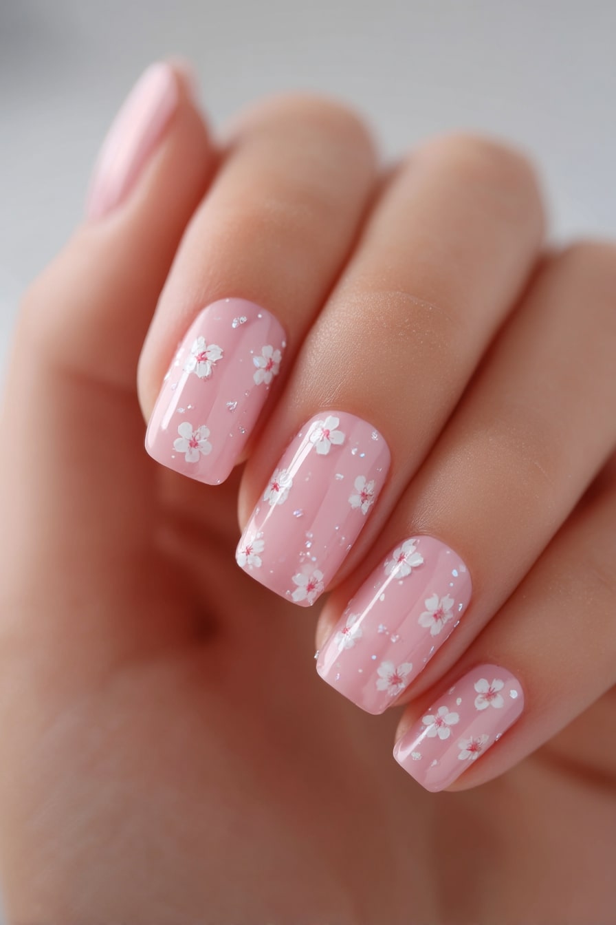 Short square pink nails with white floral details, romantic manicure