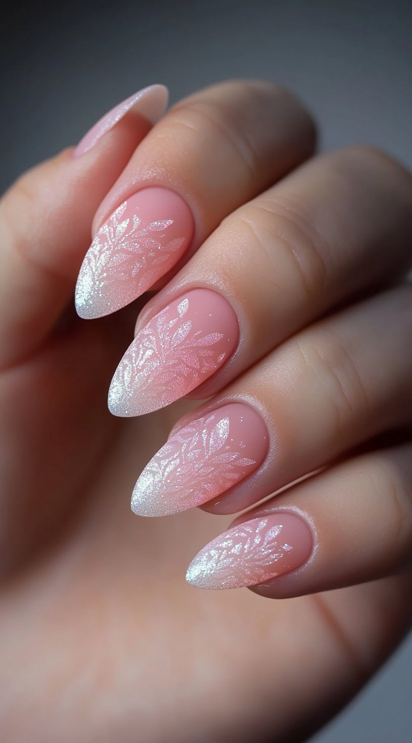 Leafy pattern pink and white ombre nails, intricate design