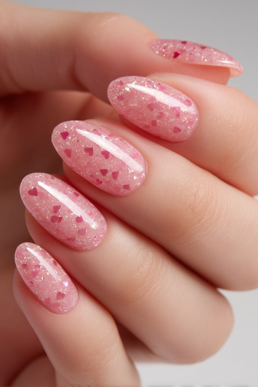 Glitter heart ombre nails, romantic design