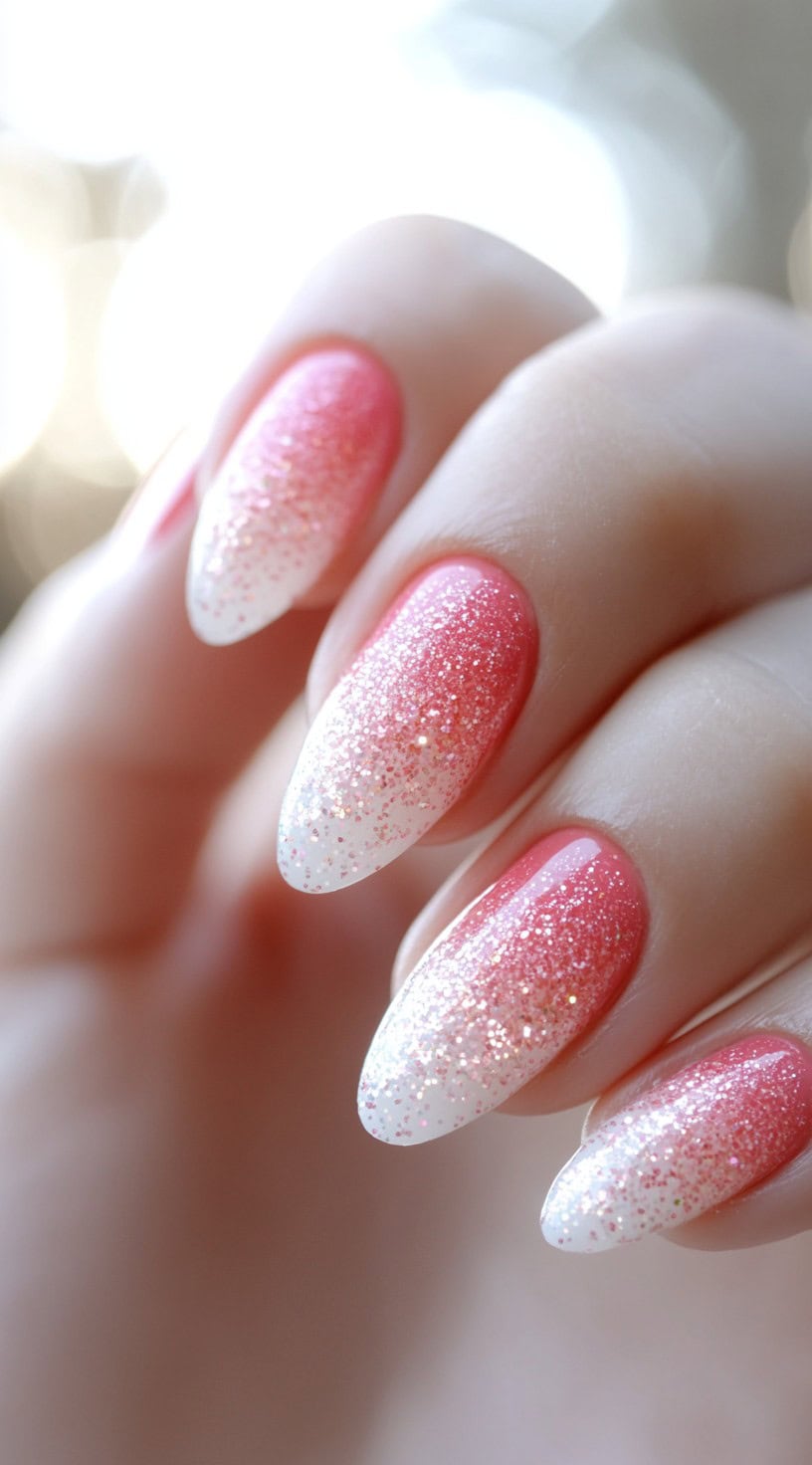 Almond glitter gradient nails, glamorous design