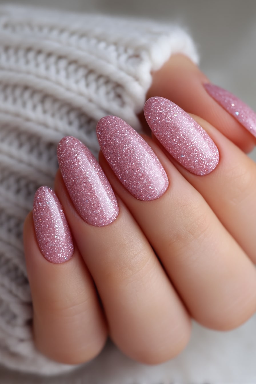 Glittery pink almond nails, luxurious sparkle
