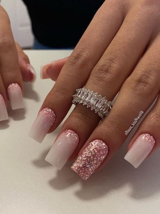 Square ombre nails with glitter, chic fusion