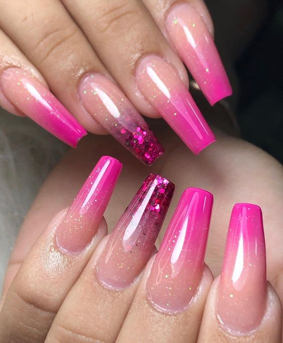 Long coffin electric pink ombre nails, glamorous design