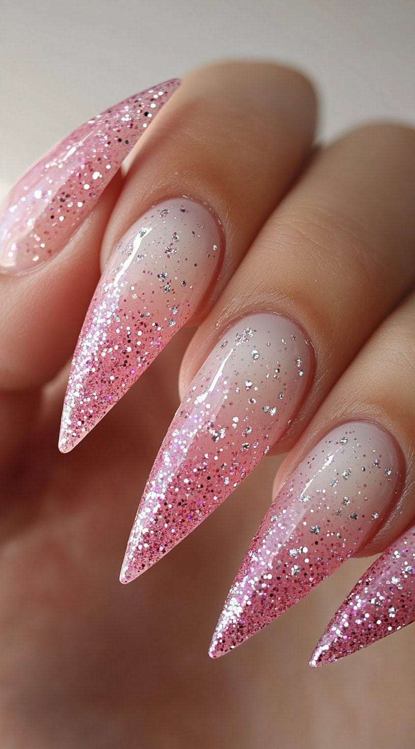 Stiletto glitter ombre nails, dramatic style