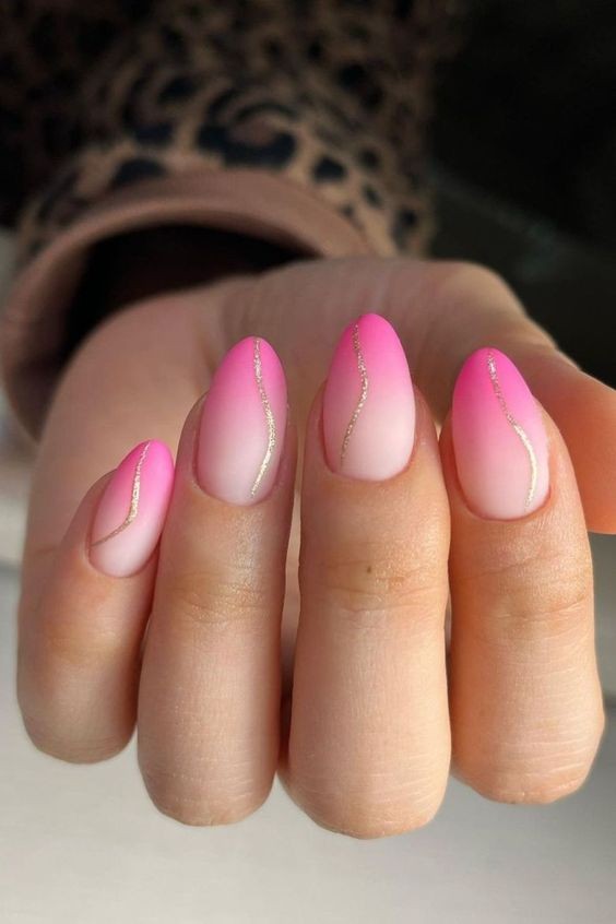 Pink ombre nails with silver lines, chic design