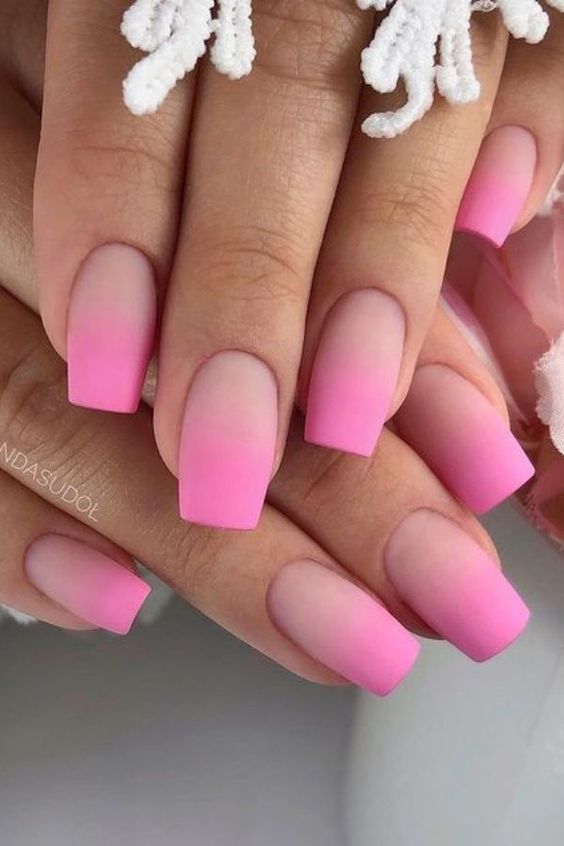 Bold pink ombre square nails, vibrant style
