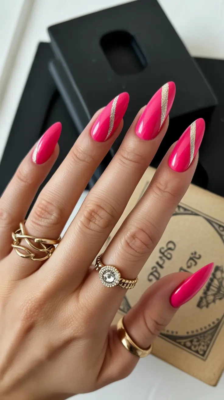 Bold pink nails with gold stripes and Pinterest flair.