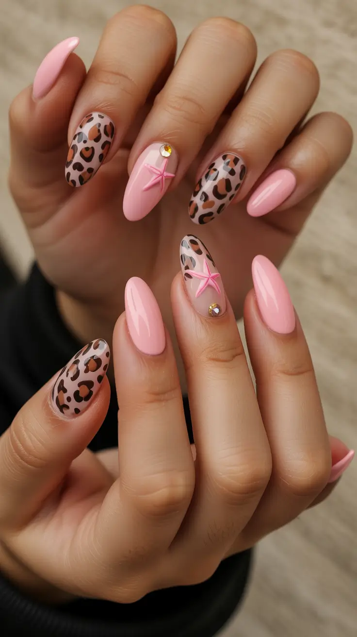 Leopard print and pink nails with rhinestone accents and Pinterest style.