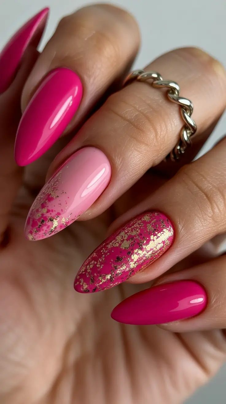 Fuchsia nails with gold flakes, Pinterest luxury.