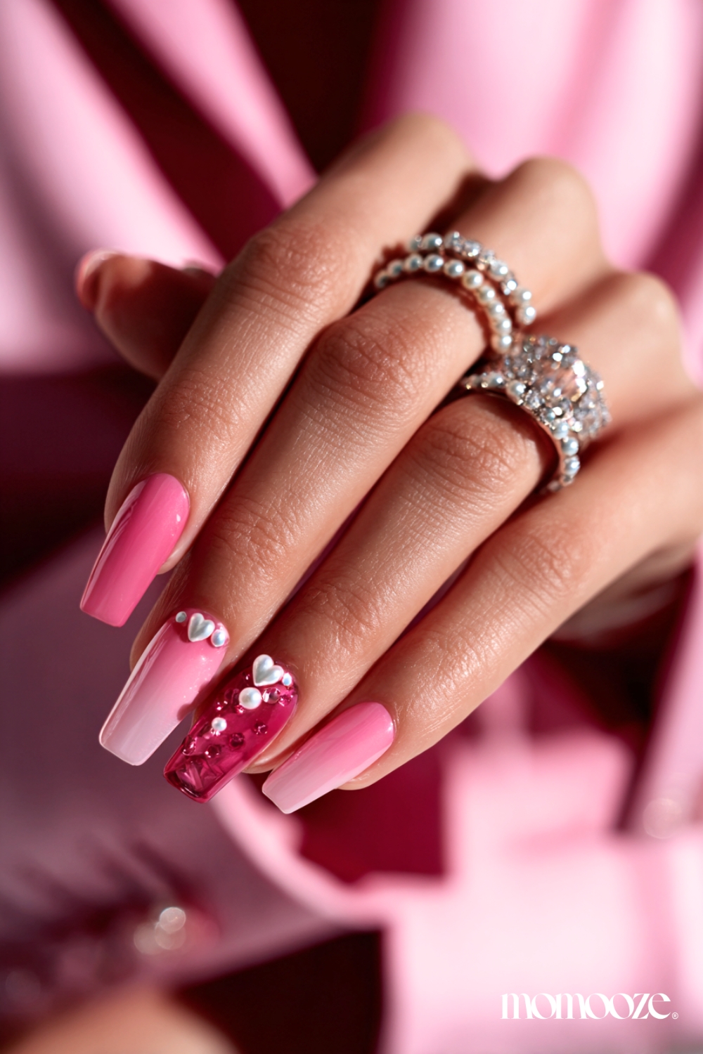 Gradient pink nails with 3D hearts, Pinterest love.