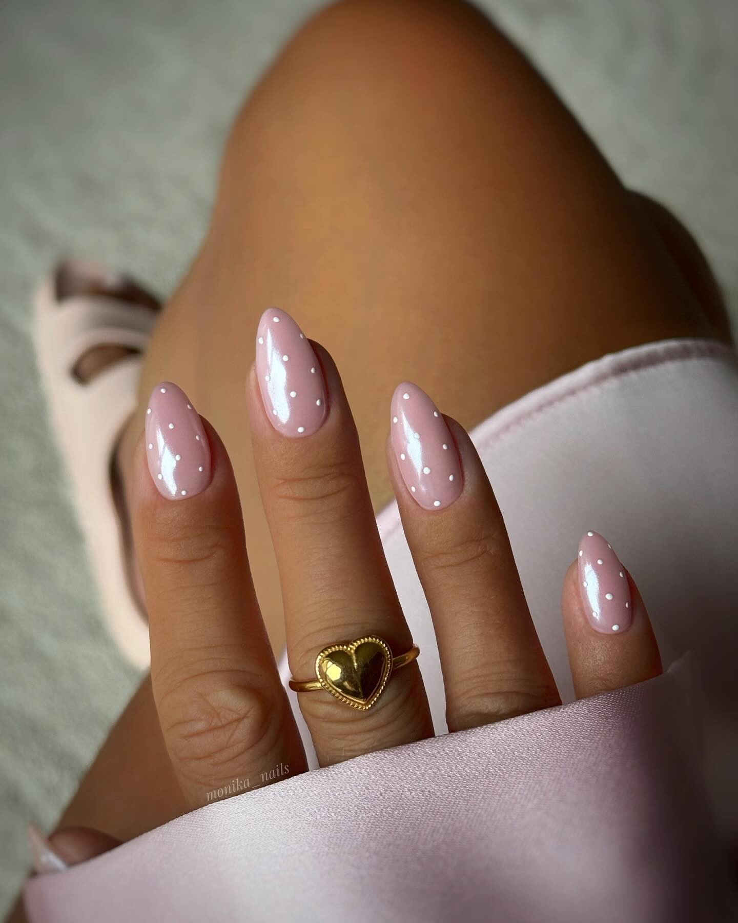 Pink nails with polka dots, Pinterest playful.
