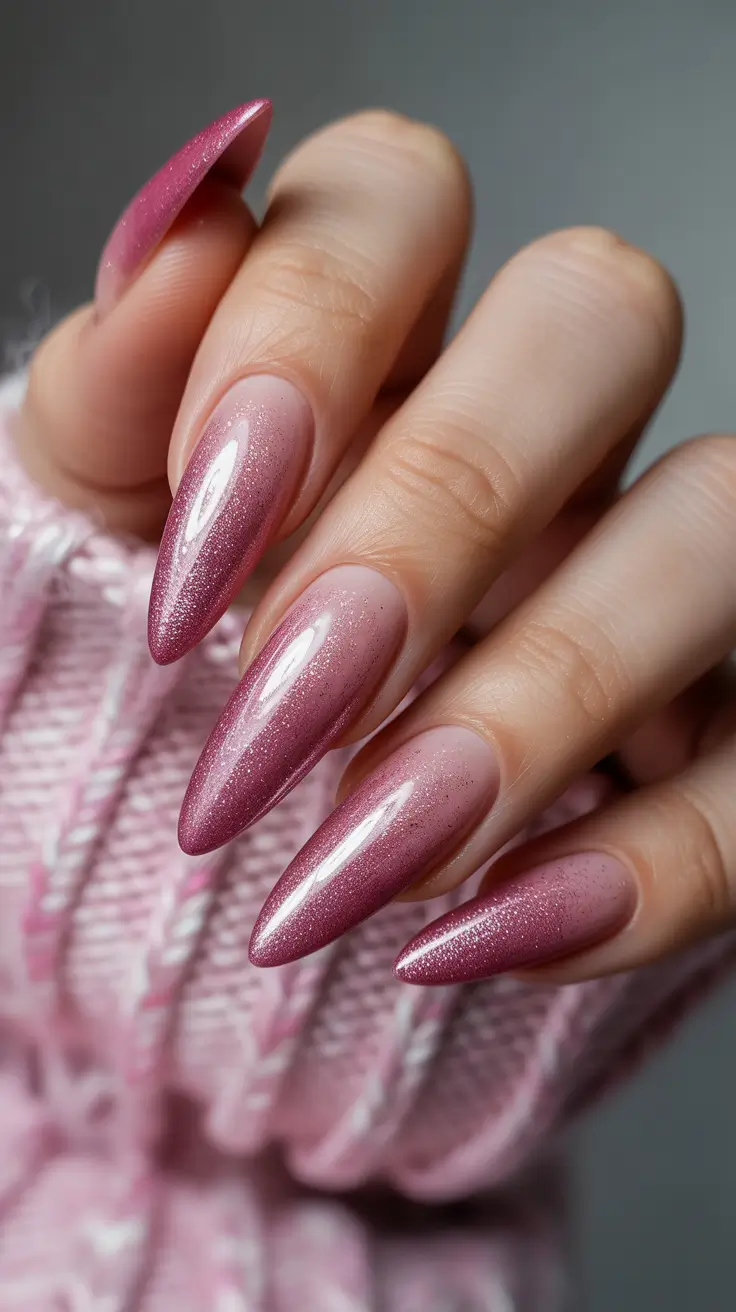 Shimmering pink nails with stiletto shape, Pinterest elegance.