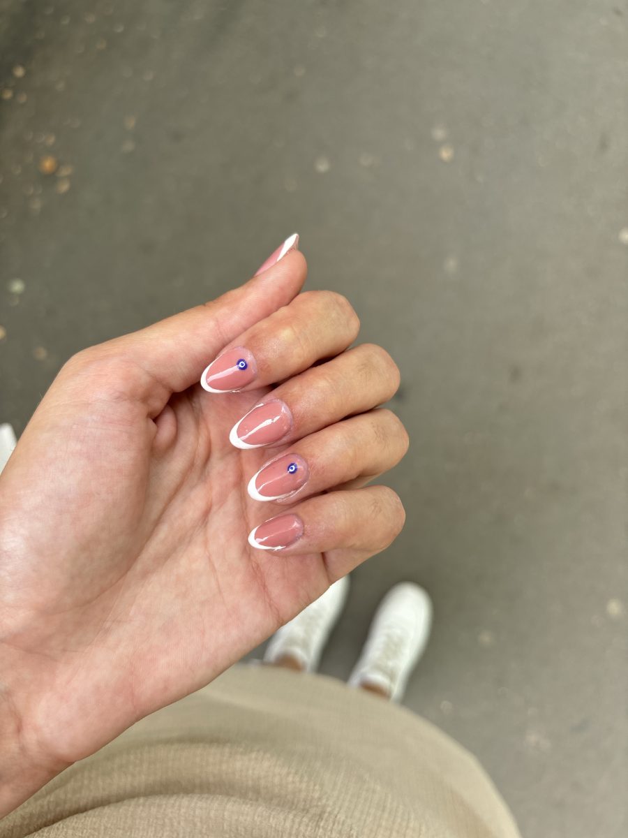 Minimalist French nails with rhinestones, Pinterest chic.