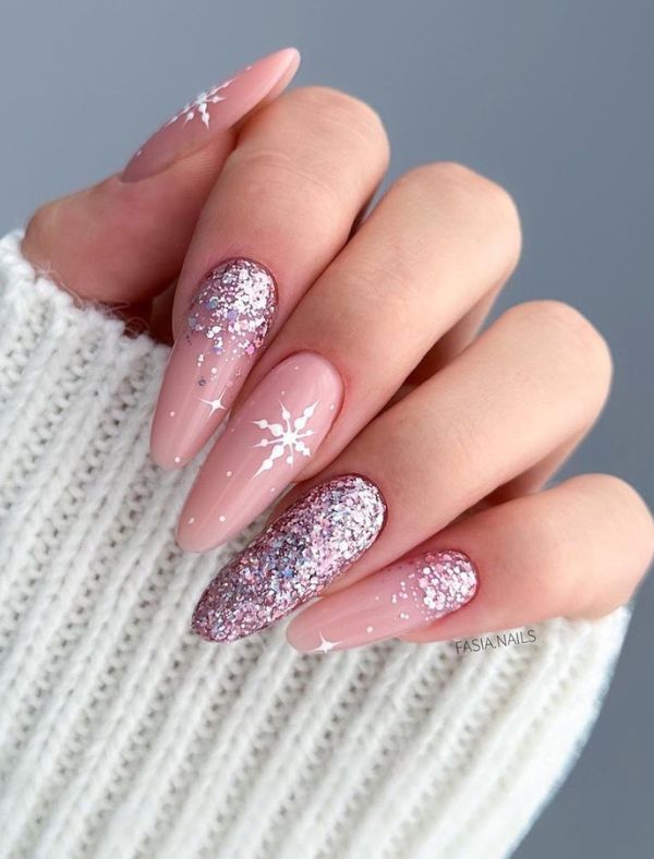 Nude nails with glitter and snowflakes, Pinterest festive.