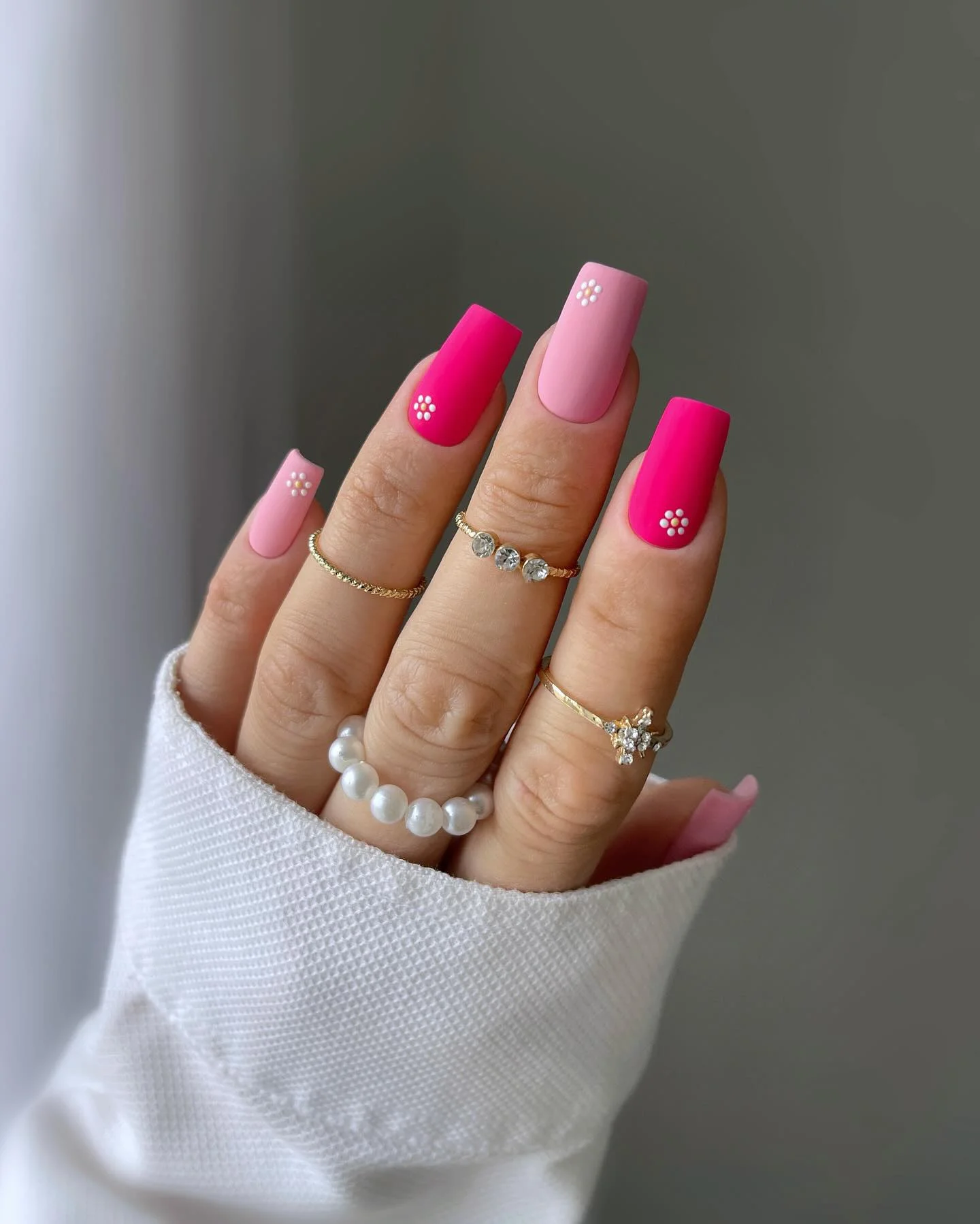 Dual-tone pink square nails, Pinterest trendy.