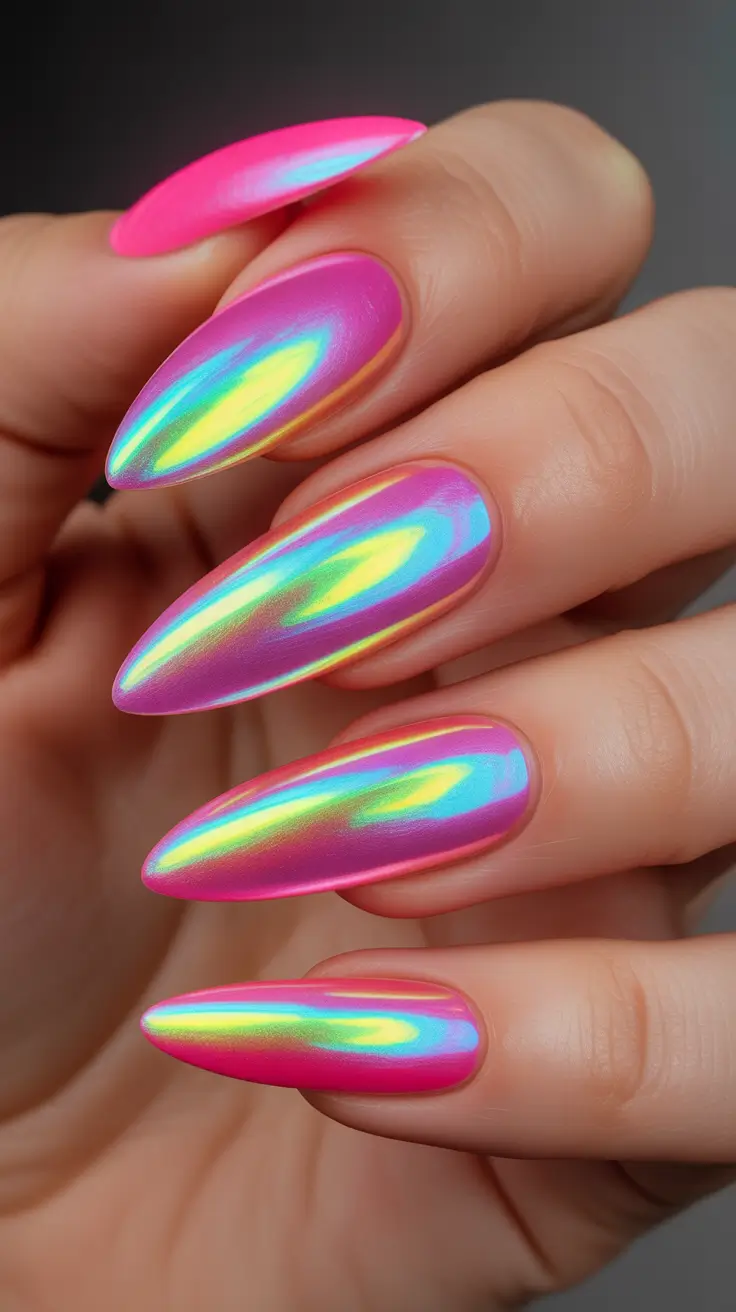 Neon aura stiletto nails, Pinterest futuristic.