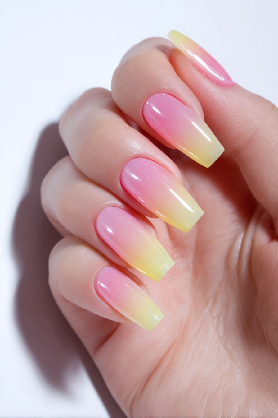 Pastel ombre nails with sunset hues, Pinterest trend.