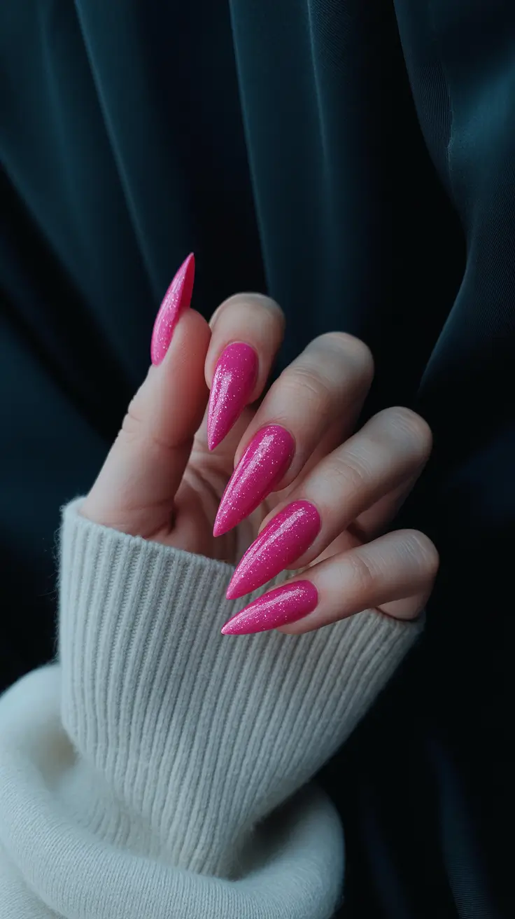 Fuchsia glitter stiletto nails, Pinterest bold.