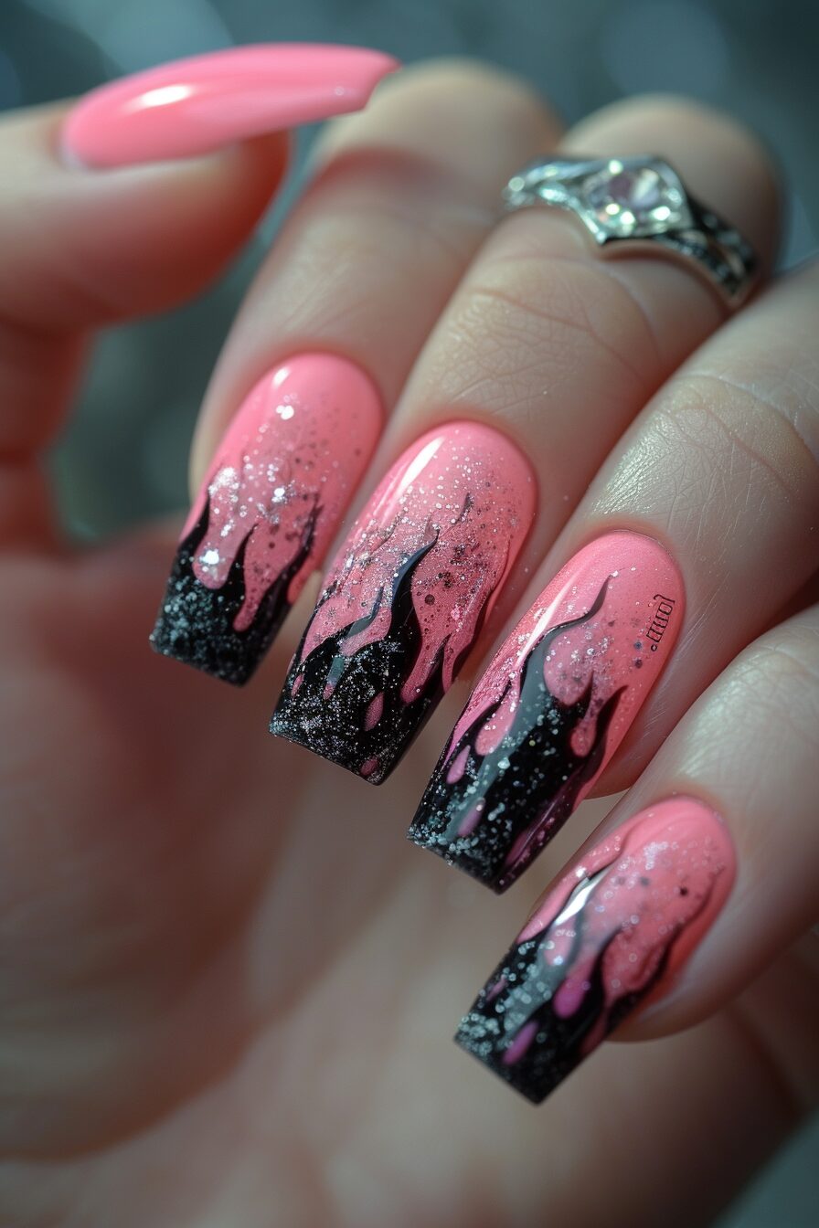 Pink flames nail art with glitter tips.