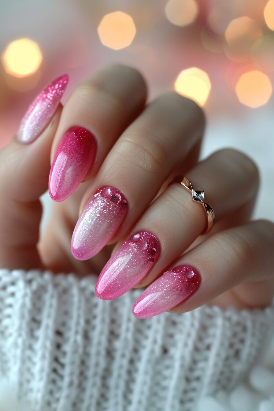 Pink gradient nails with glitter and rhinestones.