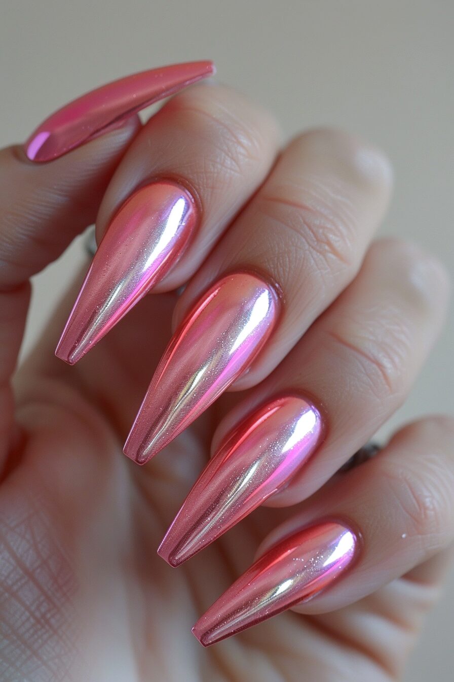 Chrome pink stiletto nails with glossy finish.