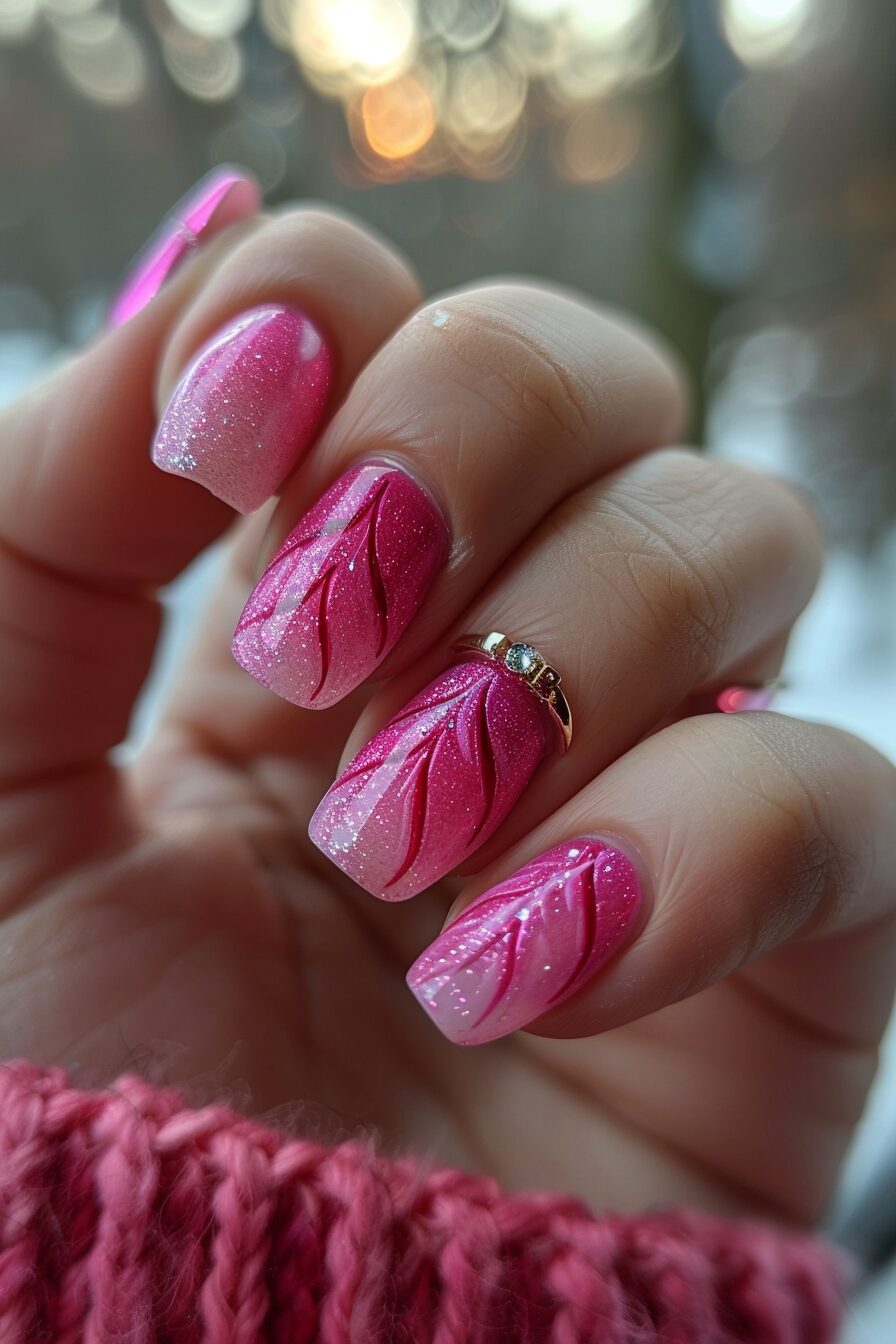 Gradient pink nails with swirl art and square shape.