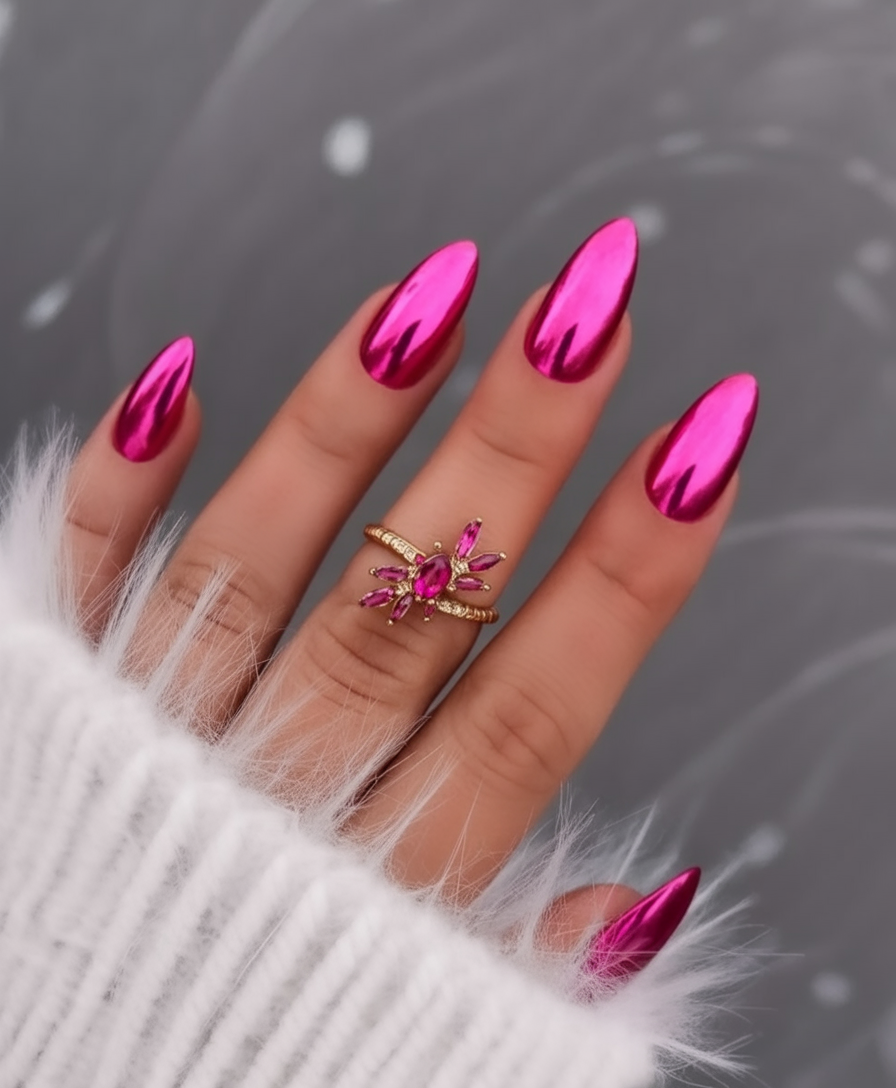 Chrome pink almond nails with mirror finish.