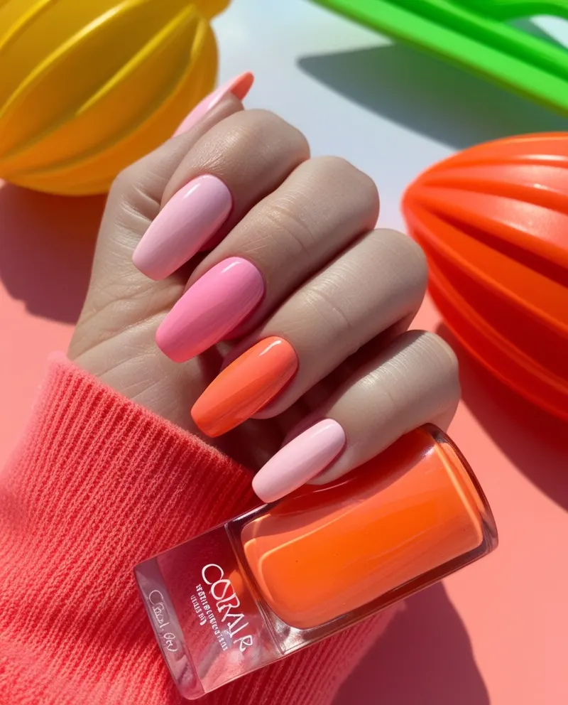 Pink and orange nails with square shape.
