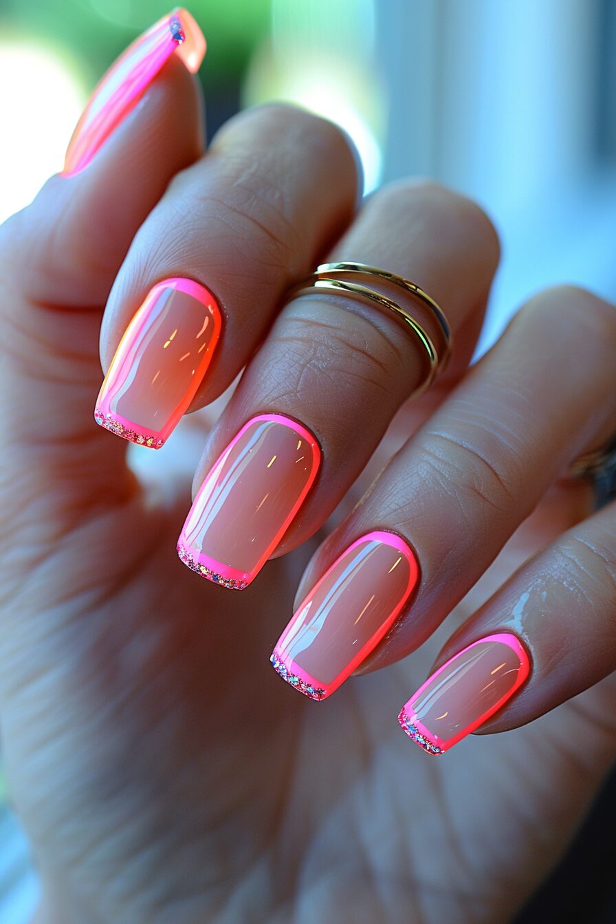 Neon pink French nails with glitter tips.