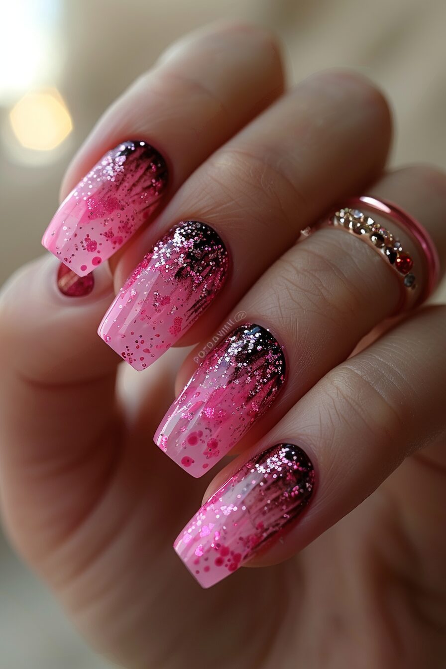Pink glitter ombre nails with square tips.