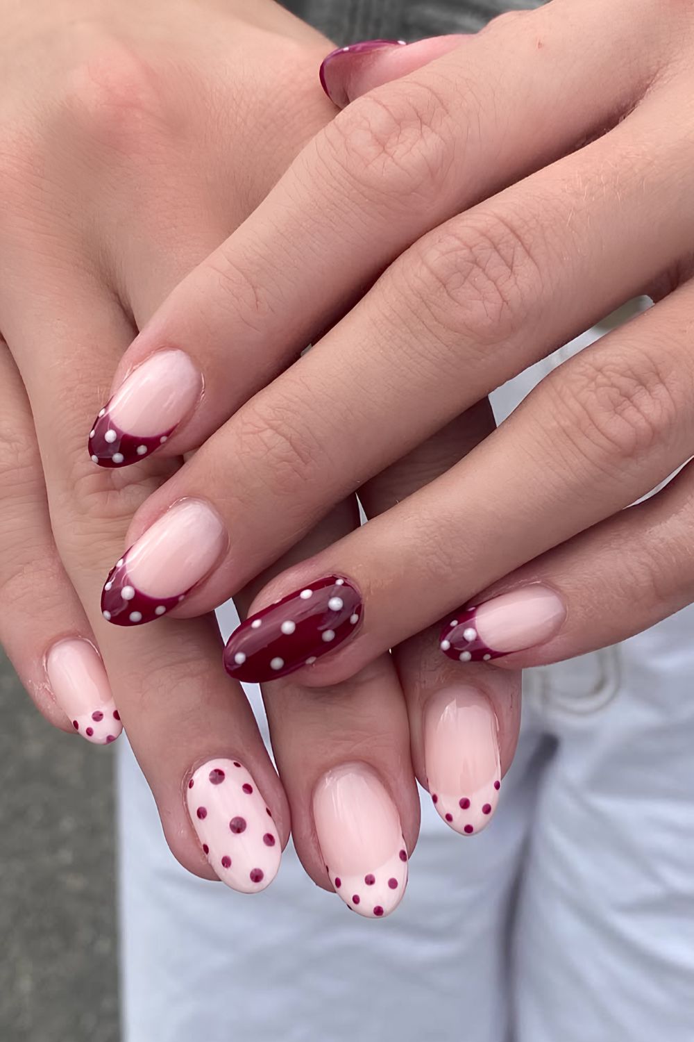 Duo-tone nails with polka dot tips, Pinterest style