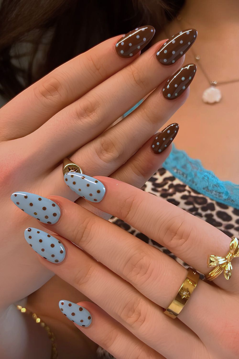 Chocolate and blue polka dot nails
