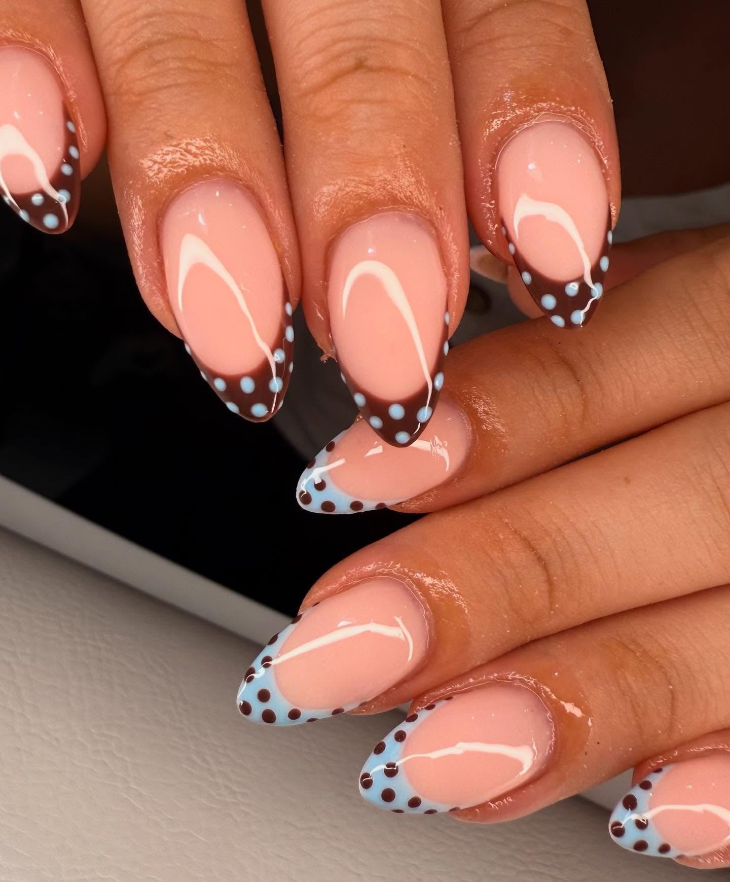 Blue and brown polka dot French tips
