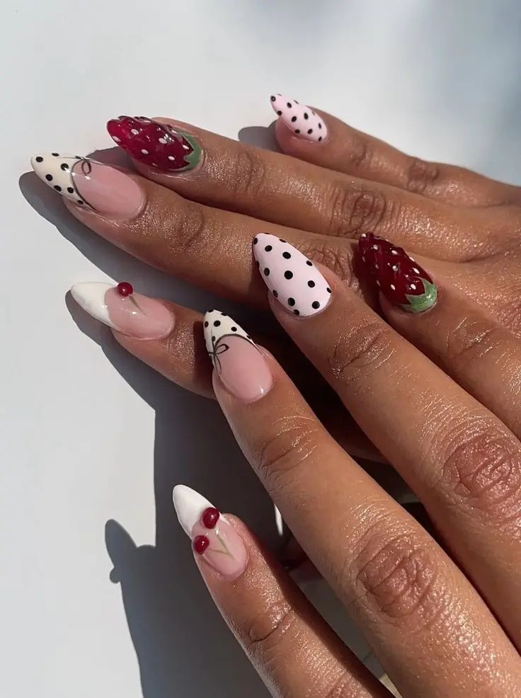 Fruit-inspired polka dot nail art