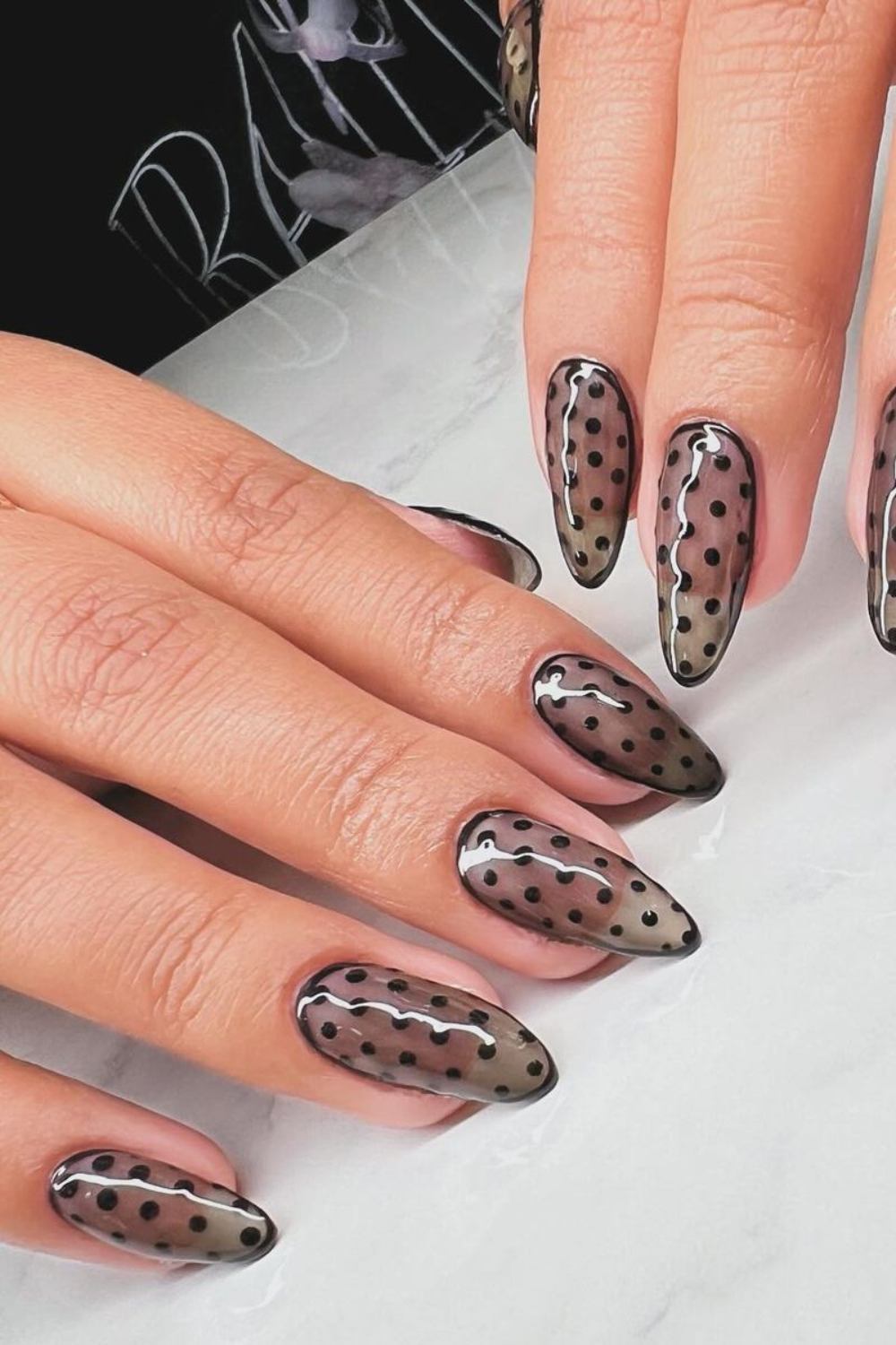 Transparent black polka dot nails