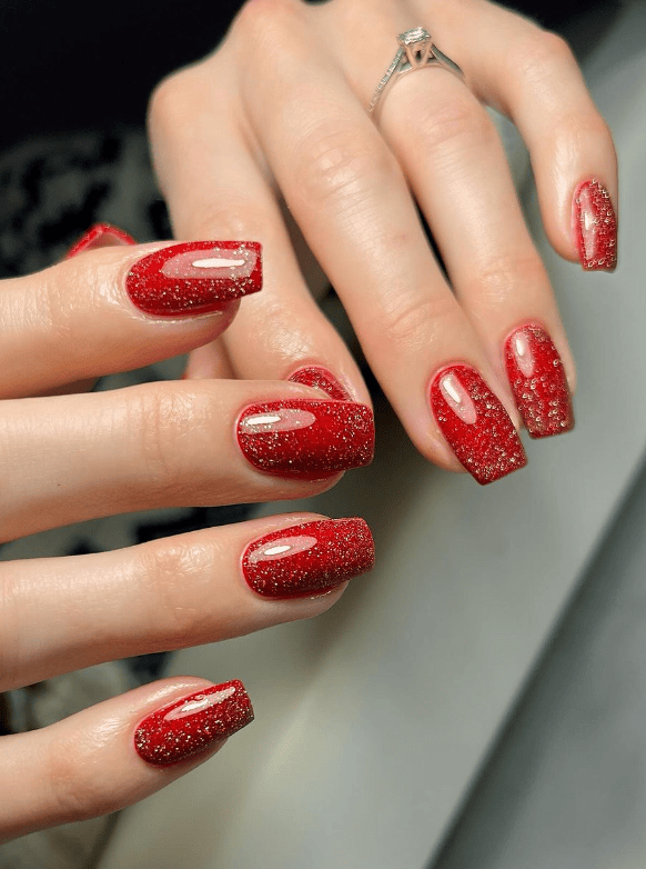 Red glitter square nails, Pinterest festive manicure.