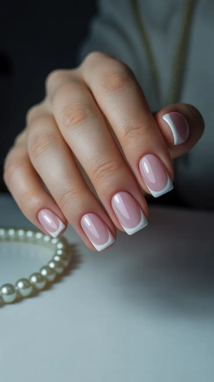 White French tips on short square nails, Pinterest minimalist nails.