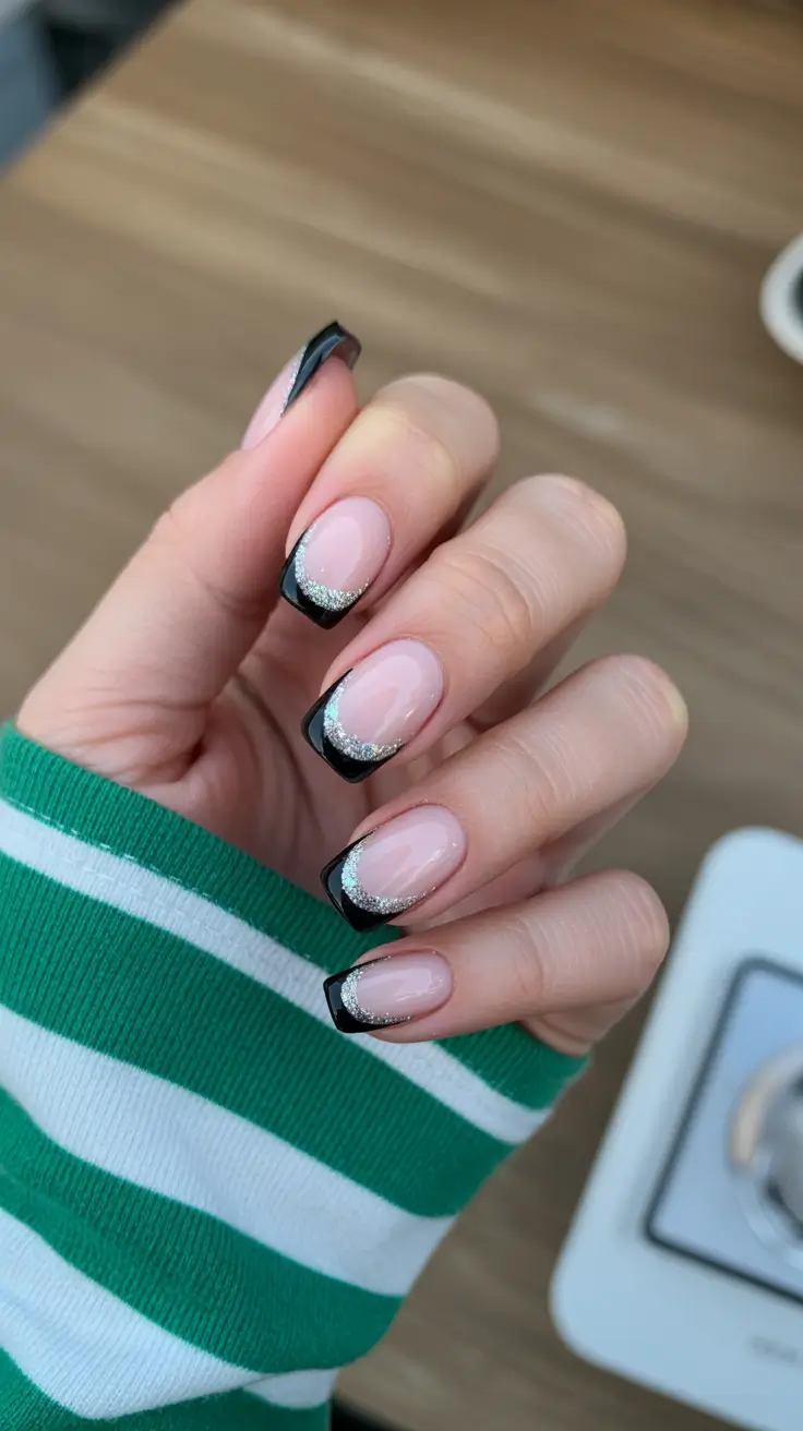 Black and silver French tips on short round nails.