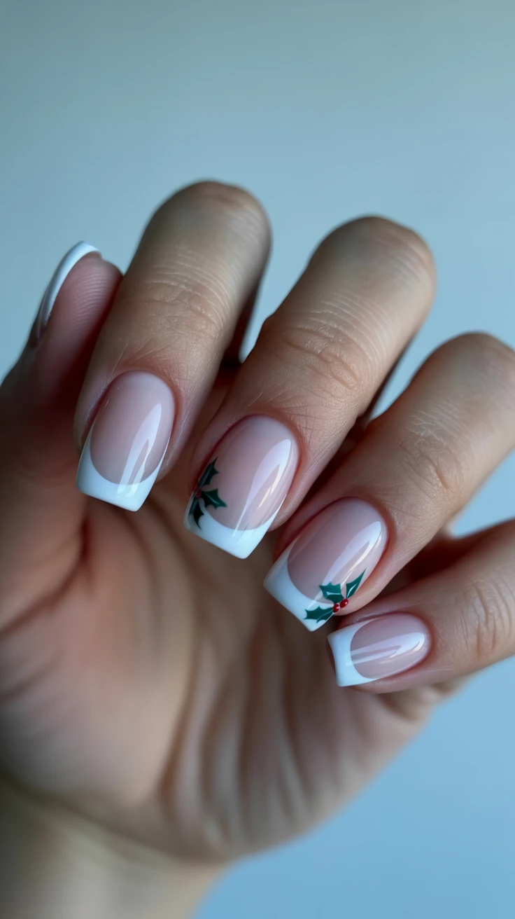 White French tips with holly on square nails.