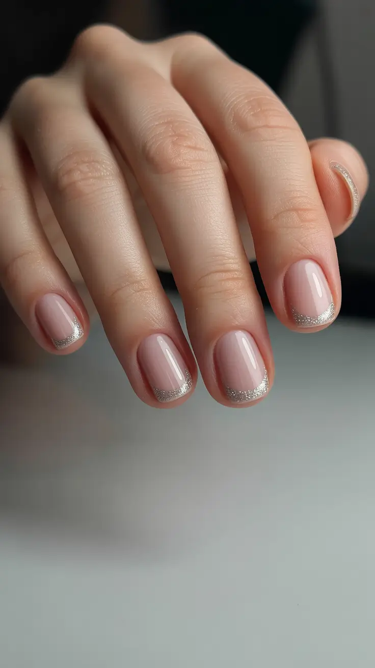 Silver glitter French tips on short round nails.