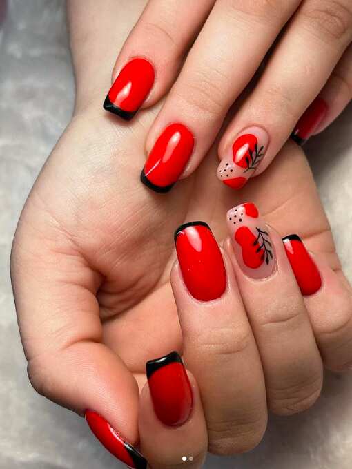 Red French nails with black tips and square shape