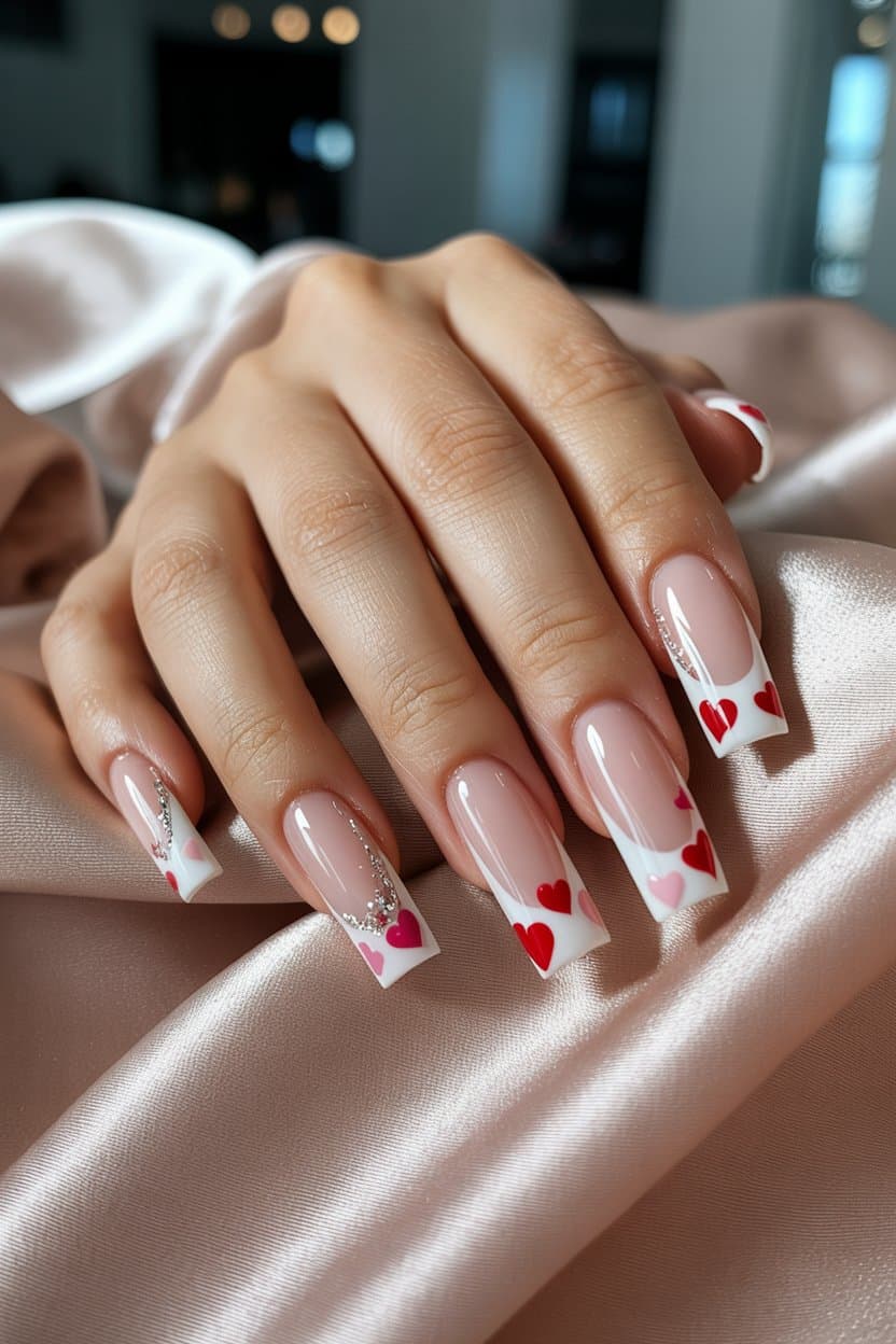 Heart-dotted French tips with square shape