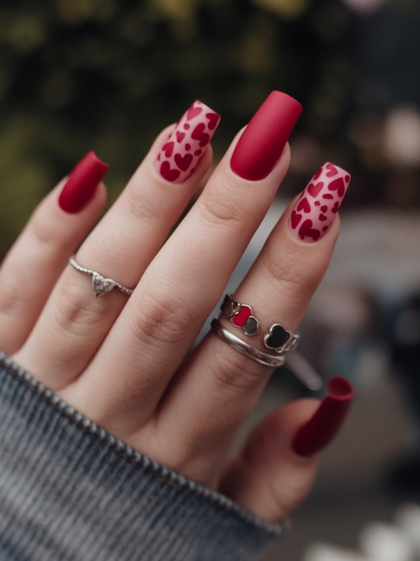 Matte red nails with heart pattern and square shape