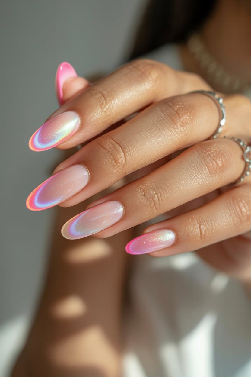Holographic pink and red nails with almond shape