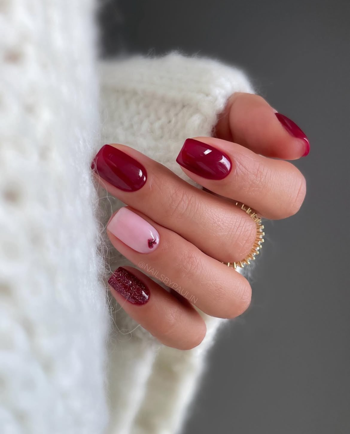 Burgundy nails with accent details, short length