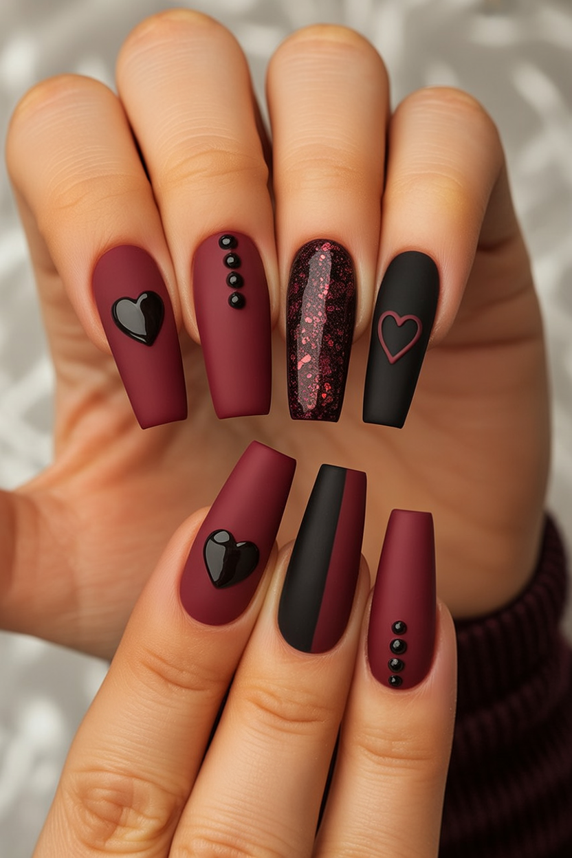 Matte burgundy nails with heart accents, long coffin shape