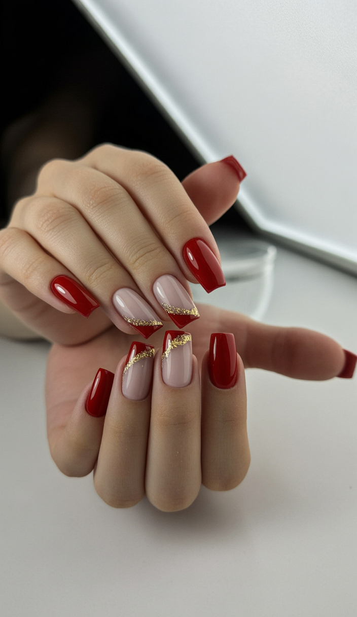 Elegant red nails with gold stripes, medium length
